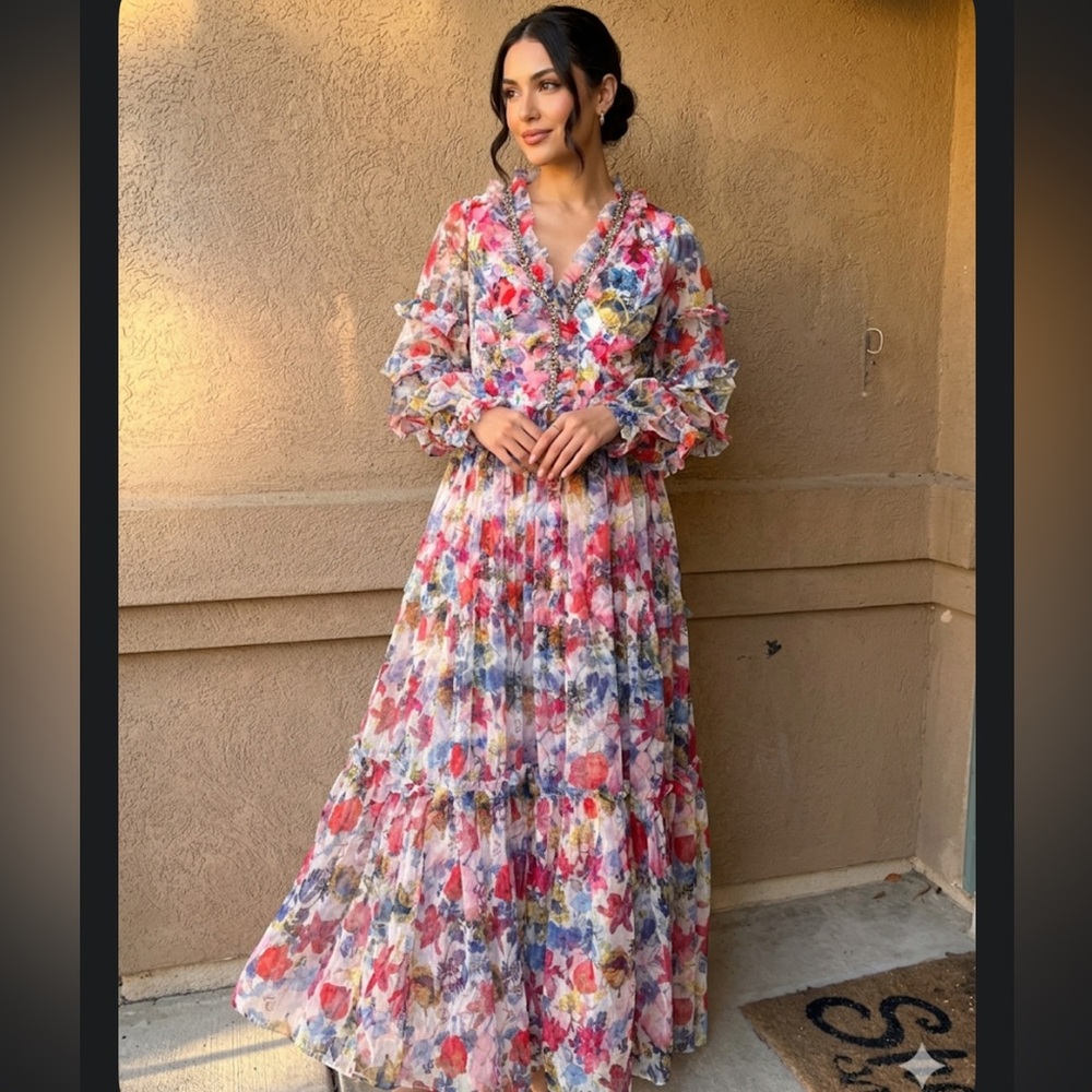 BURRYCO Floral Ruffled Maxi Dress in Pink, Red, Blue